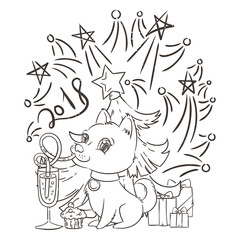 Golden dog with the champagne or lemonade and a cake. New Year symbol of 2018.