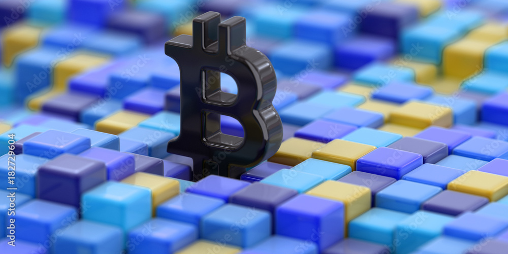 Poster abstract color cube block with bitcoin sign