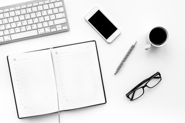 Stylish office desk. Trendy monochrome. Black accessories on white background top view mockup
