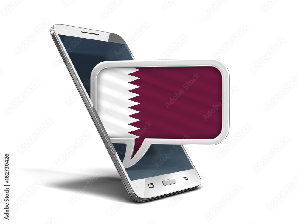 Poster touchscreen smartphone and speech bubble with qatar flag. image with clipping path