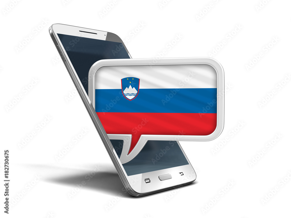 Poster touchscreen smartphone and speech bubble with slovenian flag. image with clipping path