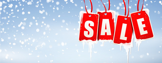 Sale Etiketten vereist mit Eiszapfen und Schneefall Hintergrund