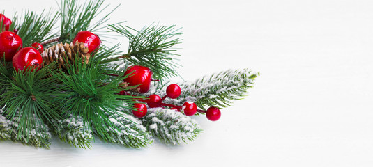 Christmas festive decoration with fir tree branches ,snow and red berries  with copy space