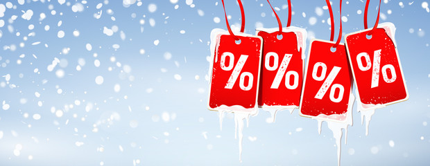 Prozente - Rabatt Etiketten vereist mit Eiszapfen und Schneefall Hintergrund 