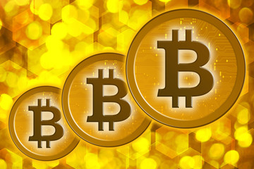 Bitcoins on a gold background