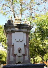 Fountain in courtyard of the oranges trees in Cordoba, Spain