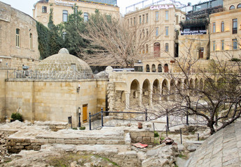  View at Haji Bani Bath complex and Museum Inn in down town. Kichik Qala street. The historical part of the city Baku. Ancient stone buildings.