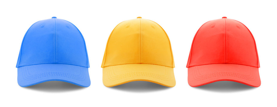Baseball cap red, yellow and blue templates, front views isolated on white background