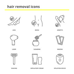 Hair removal icons: Legs, bikini, armpits, laser, sugaring, waxing,shaving, depilatory cream, epilation device