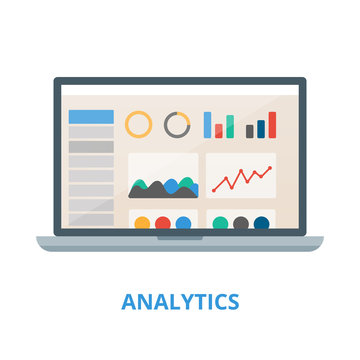 Analytics Vector Illustration. Laptop With Charts And Graphs.