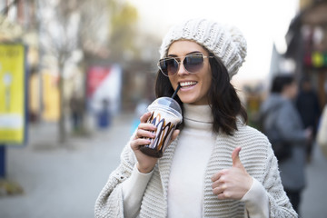 Woman yes. Coffee time. Smiling woman. Fashion photo. Sensual. Love.