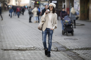 Woman city. Fashion beauty girl. Coffee time. Jeans dress.. Autumn day. 