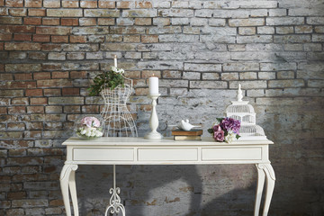 Obraz premium modern wedding style interior and white table with marriage flowers