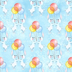 Seamless pattern with cartoon white rabbits and balloons. Watercolor background 1