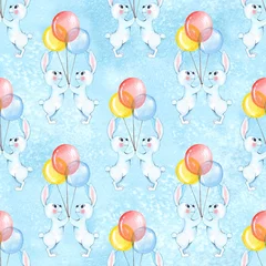 Wall murals Animals with balloon Seamless pattern with cartoon white rabbits and balloons. Watercolor background 1