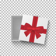 Open gift box with red bow and ribbon on transparent background. Top view. Vector illustration