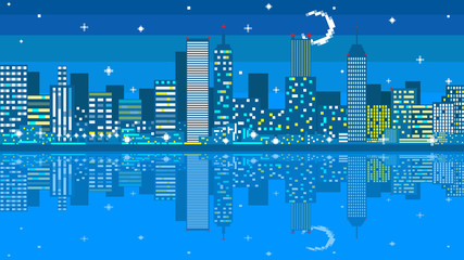 Pixel art night city card. Vector illustration