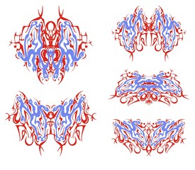 Fototapeta premium Tribal linear butterflies patterns created by the horse heads with snakes. Fantastic butterflies in red and blue tones formed by the creative horse head, at which instead of a mane coiling snakes