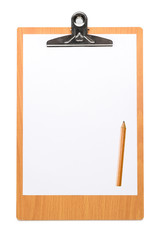 Wooden clipboard with blank paper sheet and pencil isolated on white background