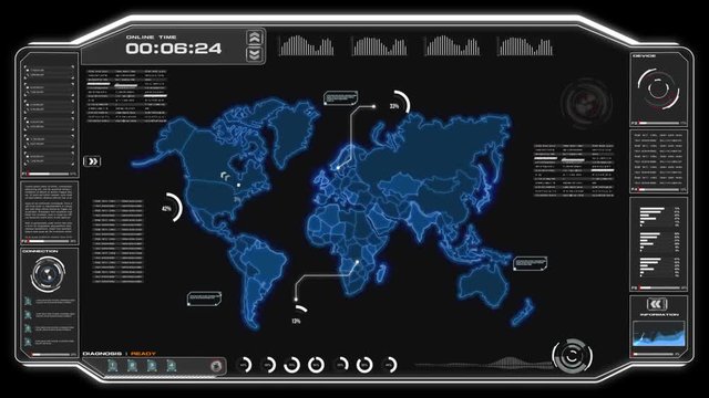 4K Animation UI User Interface with world map data HUD pi bar text box table and element on dark abstract background for futuristic technology concept