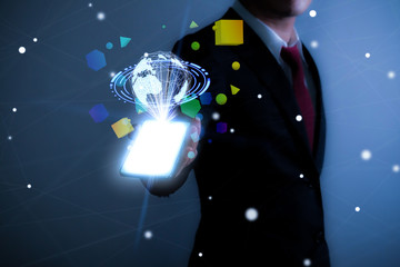 Businessman on blurred background using social network interface 3D rendering