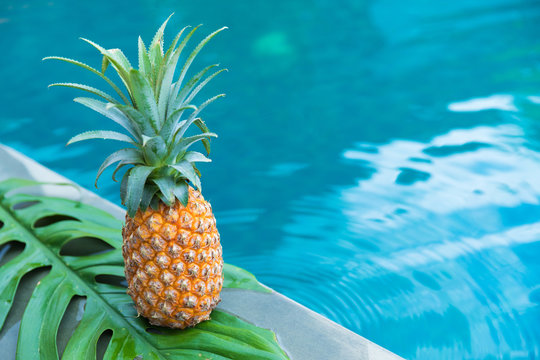 Fresh yellow pineapple tropic fruit summer refreshment near pool