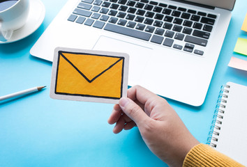 Communication message concepts with symbol icon on femail hand.