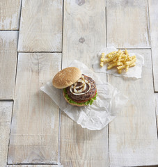 hamburger and potato style wooden background
