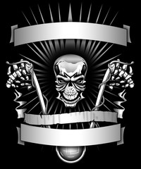 Biker skeleton riding motorcycle with banners graphic