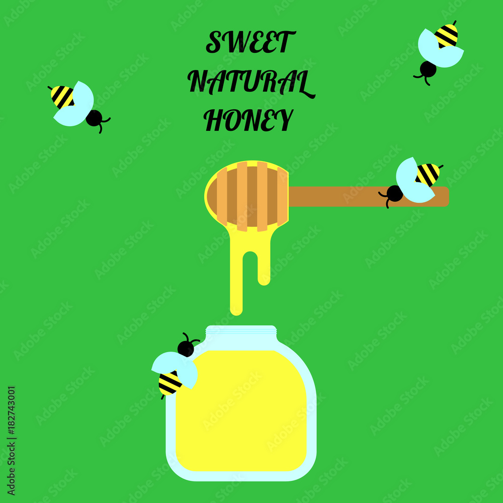 Poster Flat simple image with honey and bees isolated on green background with text. Colorful outline banner with chopstick. Vector illustration with honey stick. Card with apiary product. Honeycombs.