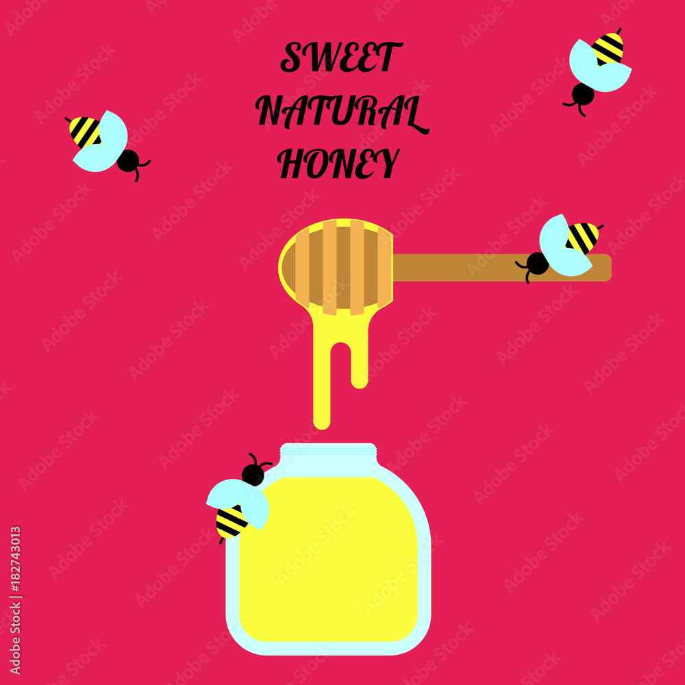 Poster flat simple image with honey and bees isolated on pink background with text. colorful outline banner