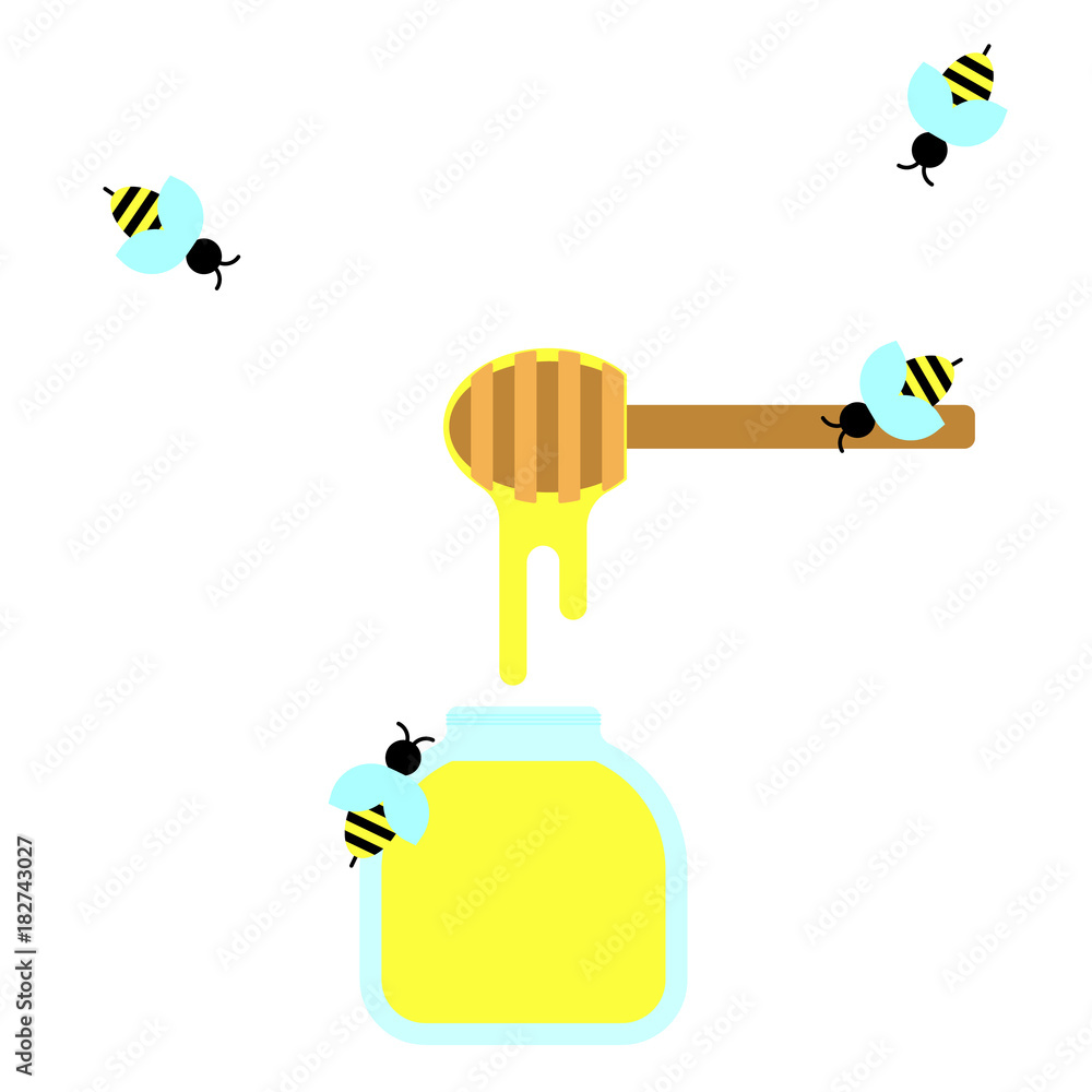 Poster flat simple image with honey and bees isolated on white background with text. colorful outline banne