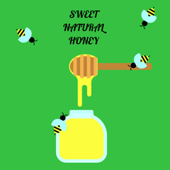 Flat simple image with honey and bees isolated on green background with text. Colorful outline banner with chopstick. Vector illustration with honey stick. Card with apiary product. Honeycombs.