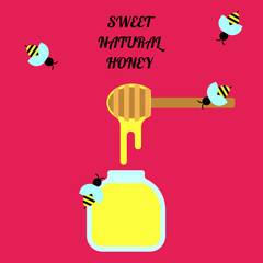 Flat simple image with honey and bees isolated on pink background with text. Colorful outline banner with chopstick. Vector illustration with honey stick. Card with apiary product. Honeycombs.