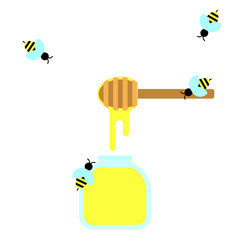 Flat simple image with honey and bees isolated on white background with text. Colorful outline banner with chopstick. Vector illustration with honey stick. Card with apiary product. Honeycombs.