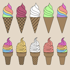 Flat simple image with ice cream set isolated on light background. Colorful outline collection of cold desserts. Vector illustration with waffle cones and wooden sticks. Card with dairy products.
