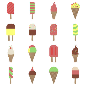 Flat simple image with ice cream set isolated on white background. Colorful outline collection of cold desserts. Vector illustration with waffle cones and wooden sticks. Card with dairy products.