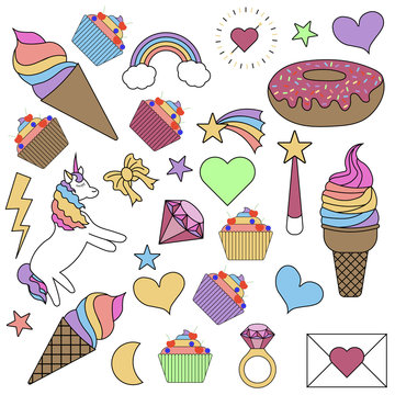Flat simple image with ice cream, unicorn, ring, rainbow,lightning, donut, hearts, stars, mail, cupcakes, magic wand isolated on white background. Vector illustration of colorful collection of labels