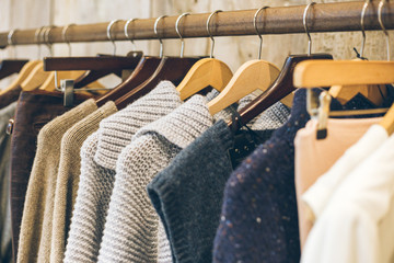 Conscious / ethical fashion trend concept.  Warm winter ladies clothes collection with old school...