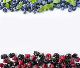 Blue-black and red berries isolated on white. Ripe blueberries, blackberries and raspberries on white background. Berries with copy space for text. Top view.