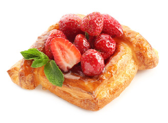 Delicious pastry on white background