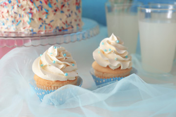 Delicious cupcakes on buffet table