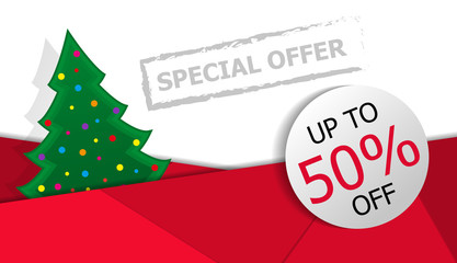 Poster or banner red background with Christmas tree. Vector