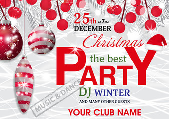Template Christmas party invitation background with fir white branches and holly berry and red baubles, Santa hat. Vector illustration.