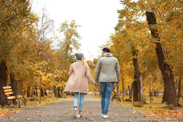 Fototapeta premium Young couple walking in park on autumn day