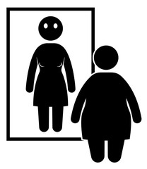 Obese woman standing at the mirror. Normal weight and overweight woman. Vector illustration.