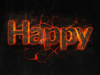 Happy Fire text flame burning hot lava explosion background.