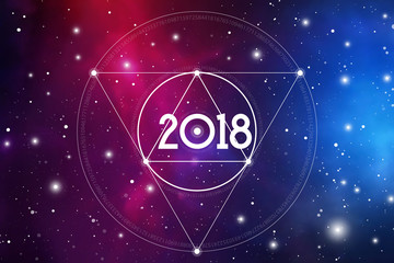 Cosmic Astrological New Year 2018 Greeting Card or Calendar Cover with Interlocking Geometry Shapes Art and Golden Ratio Digits on Space Background.