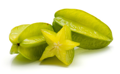 Carambola isolated on white background two whole and one half.