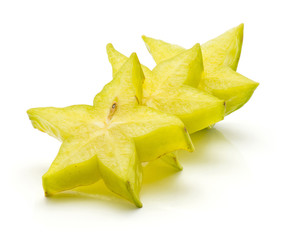 Sliced carambola isolated on white background three star slices.